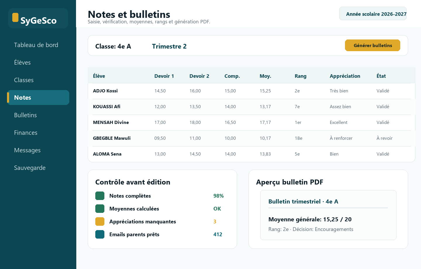Capture des notes et bulletins dans SyGeSco